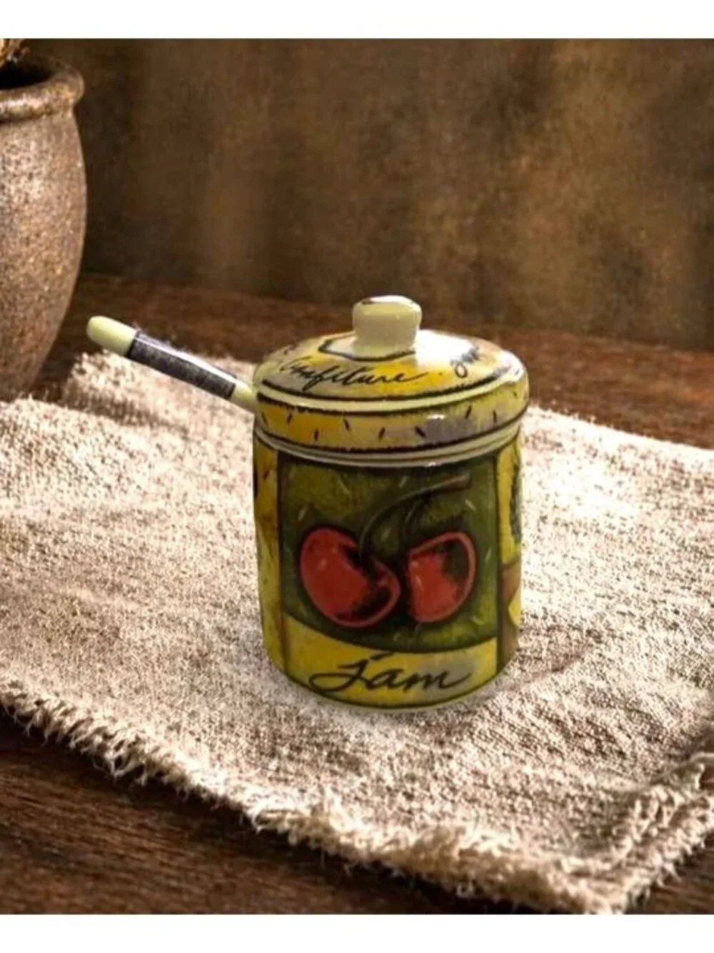 Hand-Painted Ceramic Jam Jar With Lid & Spoon - Fruit Design - Vintage Style Tab